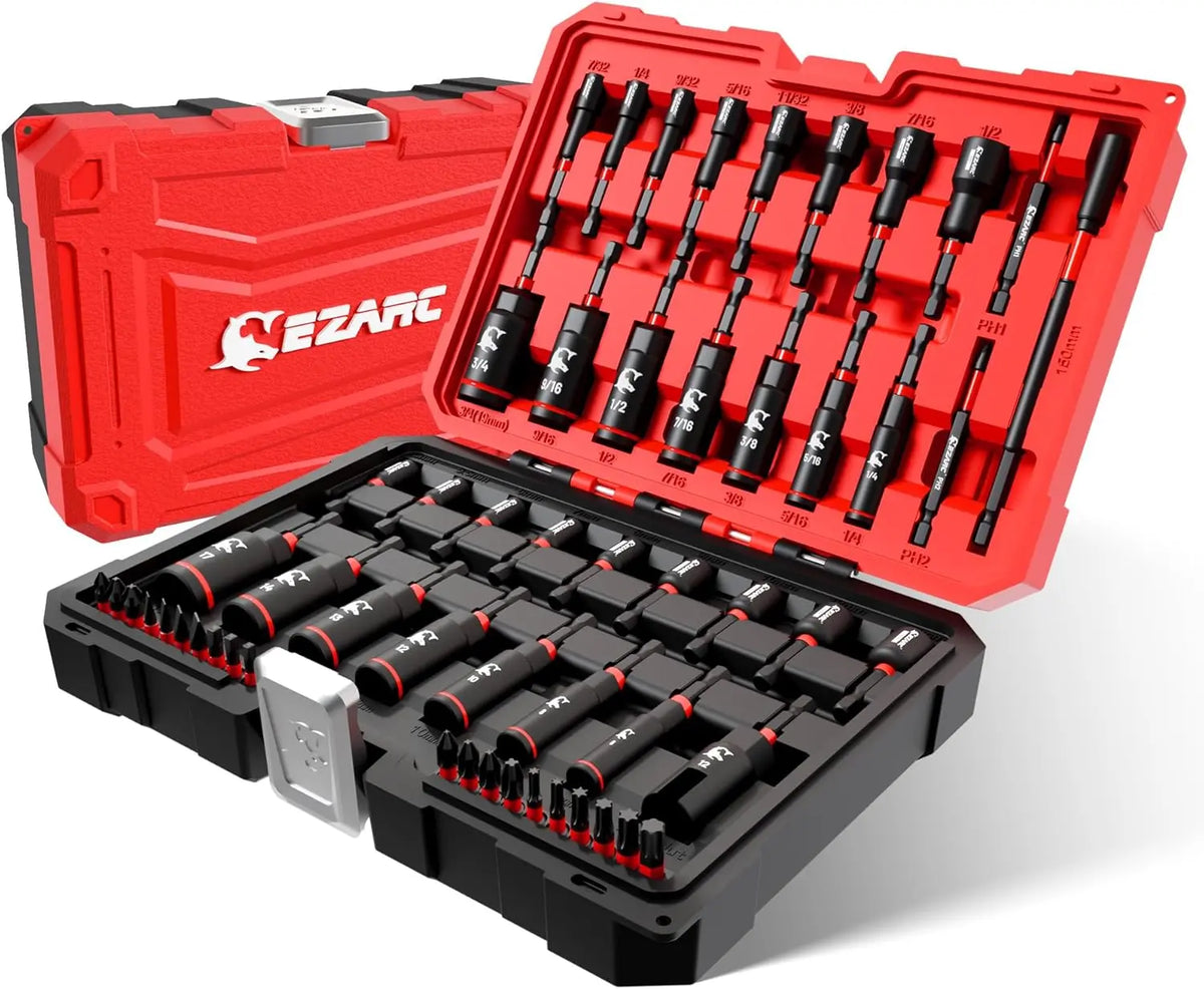 EZARC 55PCS Magnetic Impact Nut Driver Set, 1/4" Hex Shank Socket Adapter with Deep & Shallow Sockets, Wing Nut Setter, S2 Bits & Extension - Compatible with Impact Drills/Wrenches