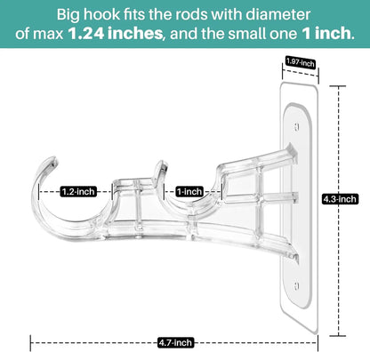6-Pack Double Curtain Rod Bracket, Adhesive No Drilling Curtain Rod Holders, Double Brackets Stick Nail Free No Drill Curtain Hangers Hooks for Living Room, Bathroom, Kitchen