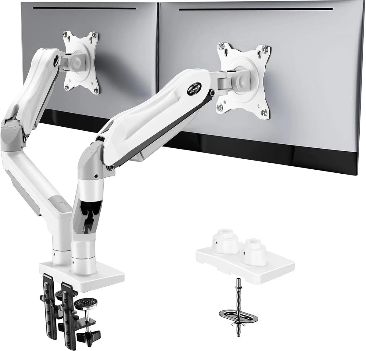 HUANUO Dual Monitor Stand, Fully Adjustable Gaming Monitor Desk Mount for 13–32″ Computer Screens, Full Motion VESA 75X75/100X100 with C-Clamp & Grommet Base, Each Arm Holds 4.4 to 19.8 Lbs