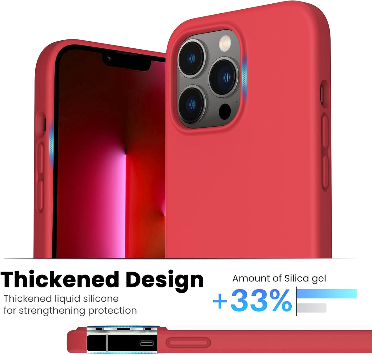 Shockproof Liquid Silicone Designed for Iphone 13 Pro Case Gel Rubber Comprehensive Protection Anti-Shock Cover Case Drop Protection 6.1Inch-Red