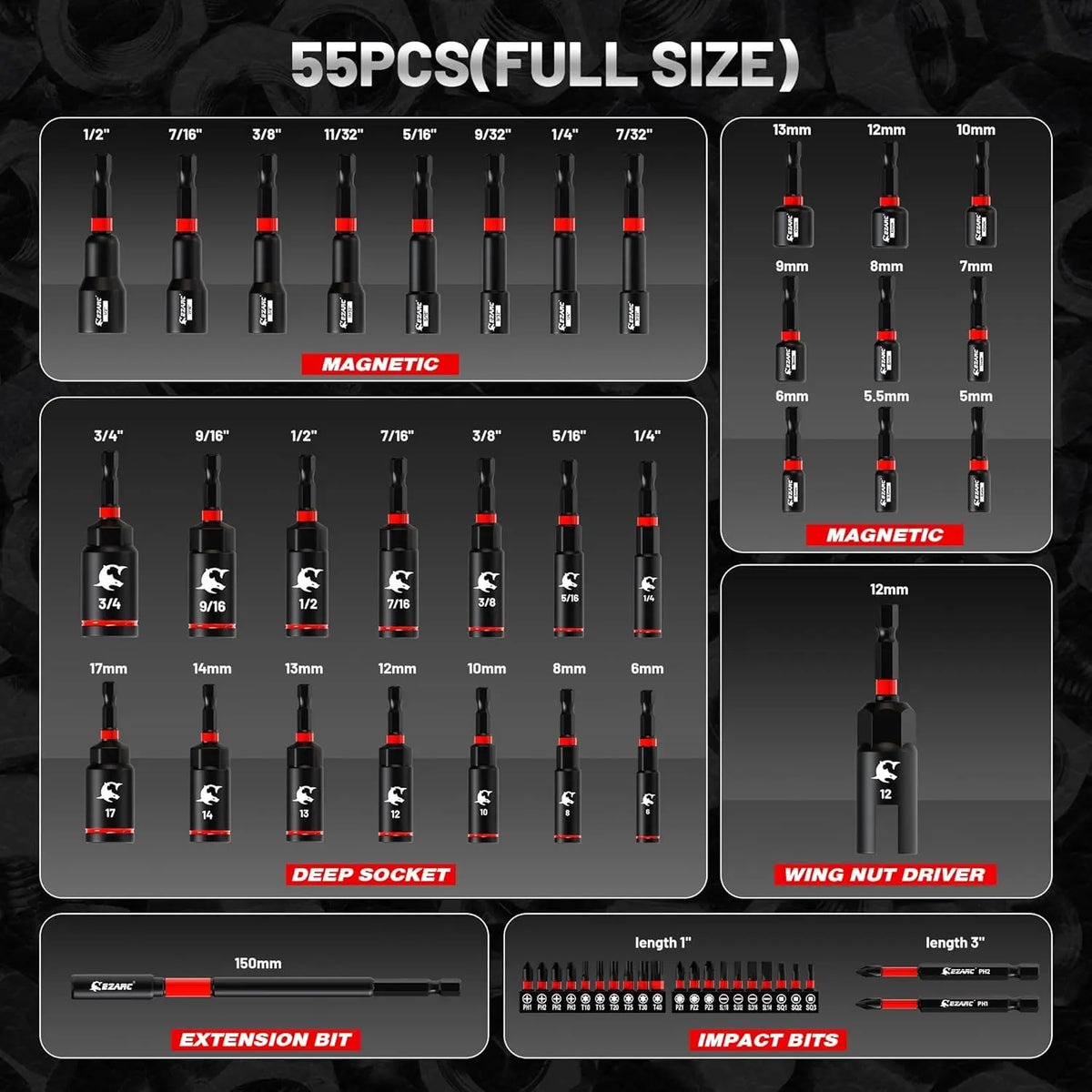 EZARC 55PCS Magnetic Impact Nut Driver Set, 1/4" Hex Shank Socket Adapter with Deep & Shallow Sockets, Wing Nut Setter, S2 Bits & Extension - Compatible with Impact Drills/Wrenches
